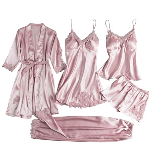 5 Piece Pyjamas Set Women Satin Silk Pajamas Kimono Robe Floral Lace Cami Tops Shorts Pants Nightdress Bathrobe Pjs Sets Sleepwear Soft Comfy Loungewear Ladies Nightwear Sexy Underwear Home Wear