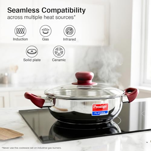 Prestige Stainless Steel 3 Pc Cookware Set with 2 Glass Lids | Platina Popular | Fry Pan 22cm/1.9L | Kadai 22cm/2.25L | Sauce Pan 16cm/1.5L | Gas &... - Image 5