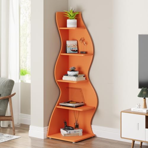 Image of Tribesigns Corner Shelf, Modern 5-Tier Wall Corner Bookshelf, Stylish Corner Small Bookcase Storage Rack Plant Stand with Unique Shape for Living Room, Home Office (Orange, 1PC)