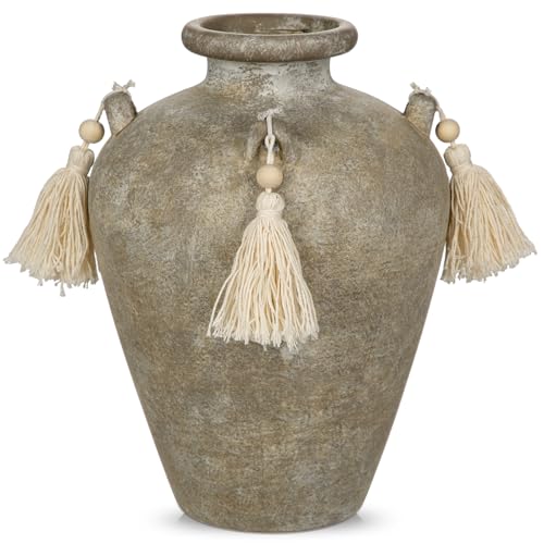 Arobrus Jarrón vintage de cerámica de 24 cm, jarrón gris verdoso con borlas, rústico, decorativo, para flores secas, ramas, estilo casa de campo, bohemio, decorativo, para mesa, estante, balcón