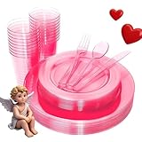WDF 25 Guest Pink Plates with Disposable Plastic Silverware&Pink Cups-Neon Clear Plastic Dinnerware include 25 Dinner Plates,25Salad Plates,25Forks, 25 Knives, 25 Spoons,25 Plastic Cups