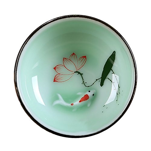 Delifur Porcelain Chinese Long-Quan Celadon Teacup,Kungfu Teacup, Fishes And Lotus Pattern,Set Of 5 #TOP3