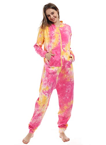 Lifeye Pijama tipo mameluco para mujer, teñido anudado, ropa de dormir de manga larga, traje de hogar, disfraz de unión, para adultos, rojo y amarillo, talla M