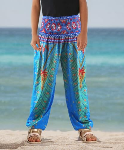 TENMET Calça de praia boêmia para meninas para meninas de 3 a 10 anos, Pavão azul, 6-8 Anos