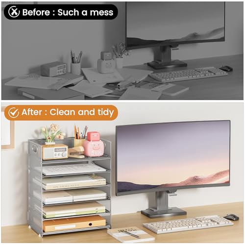 Subekyu 6-Tier Desk Paper Organizer, Desktop File Letter Tray with Handle, Document Sorter and Accessories Holder for Office, Home and School Workspace Organizers, Silver - 2 Pack by SUBEKYU - Image 2