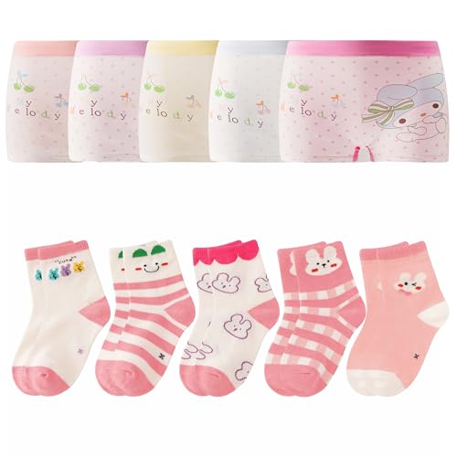 (5pack+5pair Little Girls Cartoon Boyshorts Underwear with Pink Cotton Crew Ankle Socks for Age 4-6 Years