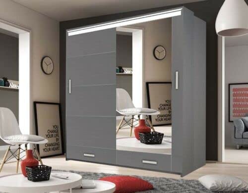 Florence High Gloss 2 and 3 Sliding door wardrobe in 3 colors & 2 sizes 205cm/256cm (205cm, Grey)