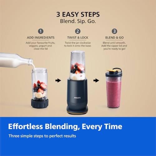 Image of Philips HR2613 /00 Mini Blender | 2 Blending Blades & 1 Frothing Blade | ProBlend Technology | 3 Unbreakable Food-Grade PC Jars | Blend & Carry | Smoothies, Protein Shakes, Cold Coffee & More (Blue)