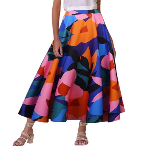 Women's Skirts for Summer Vacation Womens Flowy Bohemian Floral Print High Elastic Waist Casual Long Skirts