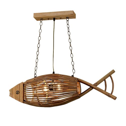 TPMAFF Lustre en rotin à 2 lumières de style sud-est asiatique en forme de poisson en osier 29,5 po (75 cm) de large luminaire suspendu en bambou pour éclairage de plafond de restaurant