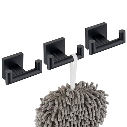 Image of KOKOSIRI Robe Hook Bathroom Double Towel Coat Hooks Matte Black for Bath Kitchen Wall Mounted, 3 Pack Stainless Steel B1015BK-P3
