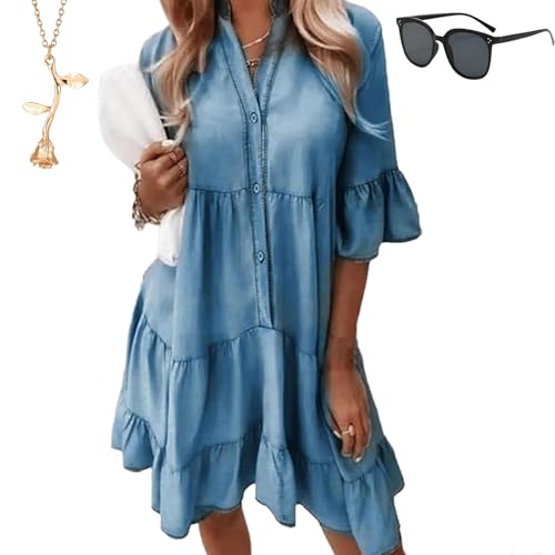 Alltoright Denim Dress, Alltoright Women’s V-Neck Ruffle Trim Dress-Denim-Effect Print, Suitable for Girls