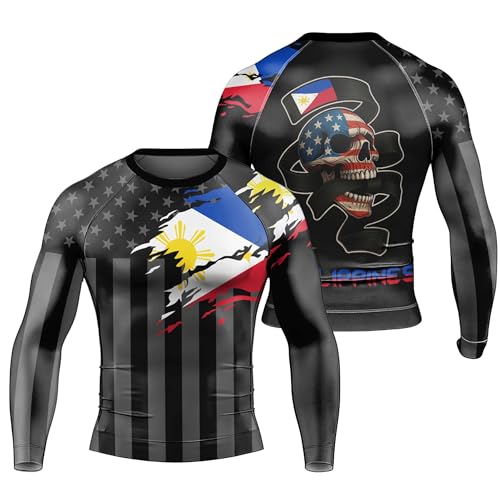 American Flag Skull Men's Rash Guard – Patriotic Long Sleeve BJJ Compression Shirt for Jiu-Jitsu & Grappling