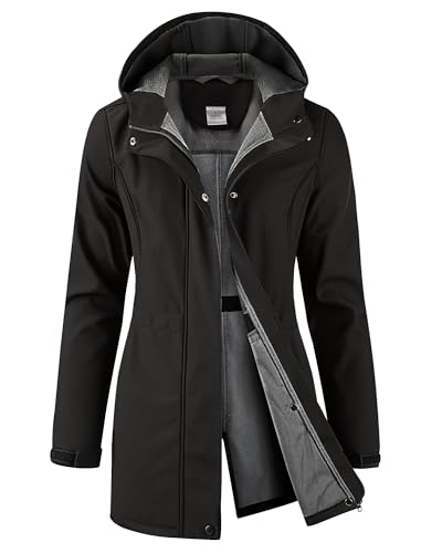 iCreek Women's Waterproof Softshell Rain Jacket Fleece Lined Hooded Long Rain Coat Lightweight Warm Windbreaker (Black, L)