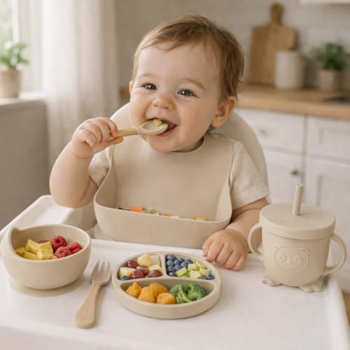 Image of 6 Piece BPA-Free Silicone Baby Feeding Set | Thick & Soft Suction Plates, Baby Food Bowl, Wooden Fork & Spoon, and More | Make Mealtime Fun and Easy for Your Little One (Beige)