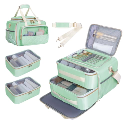 TANPADUAJI Large Makeup Bag for Women, Wide-Open Design Multifunctional Compartments, for Toiletries, Cosmetics, Brushes & Beauty Tools (Green)