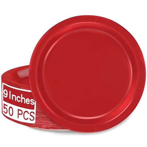 QZYL 50 PCS Paper Plates Red Heavy Duty Party Plates Round 9 Inches Disposable Paper Dinner Plates Everyday Use Plates Set for Daily Meals Wedding Christmas Picnic Supplies
