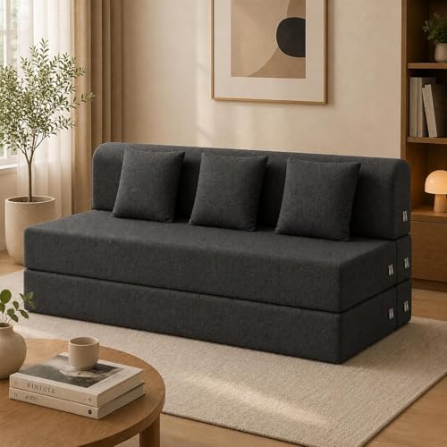 Image of Rhythm Foldable Sofa Cum Bed | 3 Seater Sofabed with 2 Cushions High-Density Foam 3-in-1 Convertible Sofa Cum Bed for Living Room & Bedroom | Jute Fabric Washable with 3 Years Warranty (72x60)