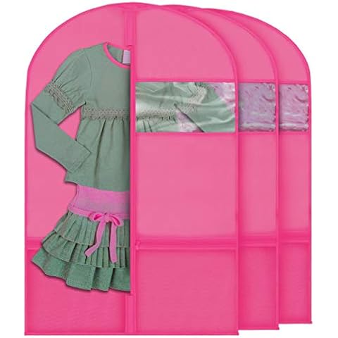 Plixio Garment Bags for Kids Dance Costumes with Transparent Window and Zippered Mesh Pockets for Shoes and Accessory Storage (3 Pack) (Pink: 36" x 23") Cover