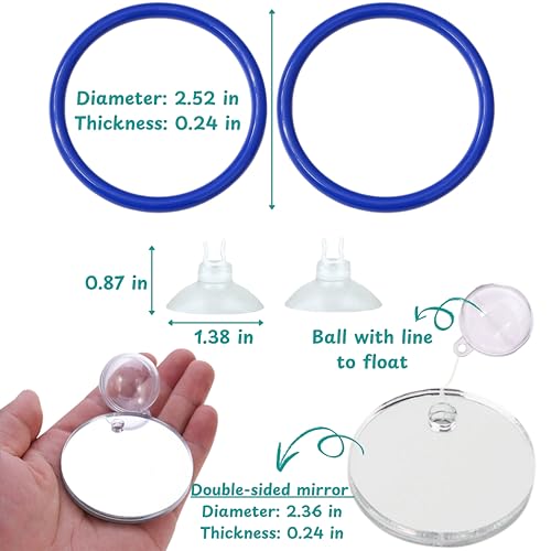 Image of Betta Fish Enrichment Toys Ring and Mirror , Floating Exercise Mirrors And Training Ring, Floating Mirrors Aquarium With Feeding Rings, Fish Toys, Betta Fish Tank Accessories (Blue+Mirror, 6.4cm)
