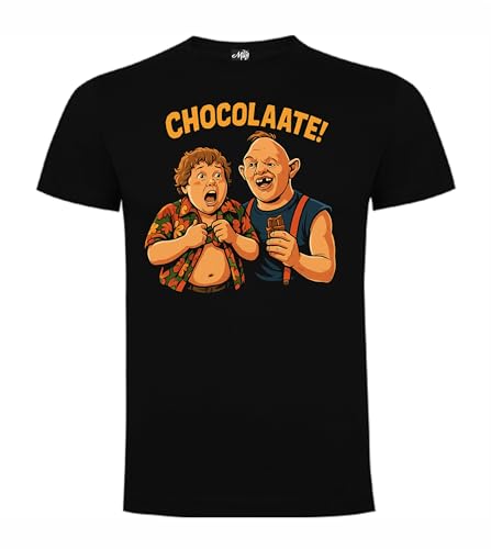 Camiseta Goonies Chocolate – Slot y Gordi – Camiseta Divertida Retro para Fans de los 80 (FR/ES, Letras, XXL, Regular, Regular, Negro)