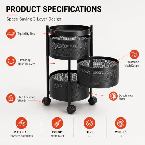 Image of Homeor 3 Layer Kitchen Trolley with Wheels | 360 Rotating Metal Storage Rack for Vegetables, Fruits, Onion & Spices | Round Multipurpose Kitchen Organizer Stand | Metal Kitchen Trolley, Matte Black