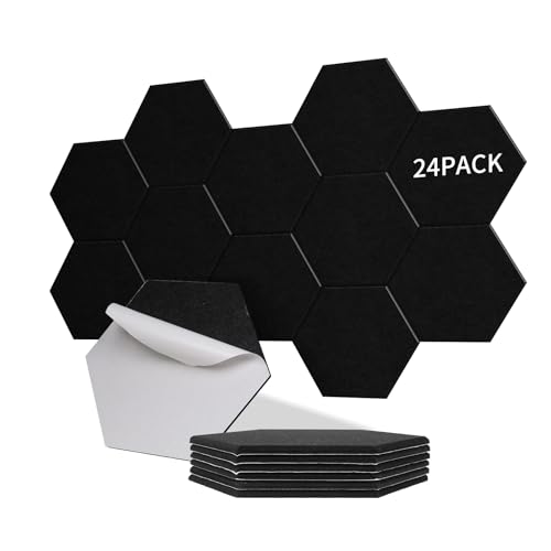 Sonuvia 24 pieza Paneles Acústicos Hexagonales Autoadhesivos | Aislamiento acústico eficaz alta densidad (230kg/m³) NRC 0.95 cubre 1,4m² Perfectos para paredes y puertas,sala de juegos,Negro
