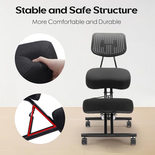 Image of Kneeling Chair with Backrest Adjustable Linen Ergonomic Home Office Chair | Improve Posture Chair with Brake Rolling Wheels Thick Cushion Work Stool Back Pain Relief