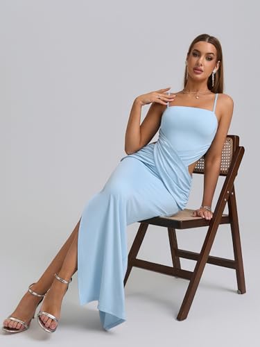 Image of EYNMIN Spaghetti Strap Long Formal Dress Cut Out Ruched Bodycon Split Elegant Wedding Guest Maxi Dresses for Women