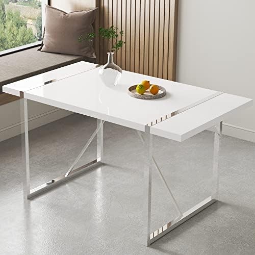 Goujxcy Dining Table, Rustic Industrial Rectangular MDF Wood White Dining Table for 4-6 Person, with Thick Engineered Wood Tabletop and Plating Metal Legs for Kitchen Dining Room (White5)