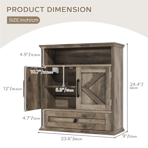 Image of Bathroom Wall Cabinet, Wall Mounted Medicine Cabinet 24.4 inchH x 23.6 inchW x 9 inchD | With Drawer, Barn Doors & Adjustable Shelf, Grey Over Toilet Farmhouse Storage Cabinet for Kitchen, Laundry Room, Entryway