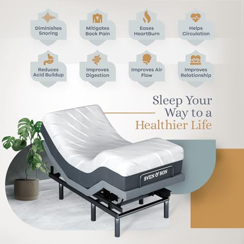 Image of Sven & Son Bliss Adjustable Bed Base Frame + 12 inch Memory Foam Matt (Medium), Head and Foot Lift, Lumbar, Pillow-Tilt, Massage, Under-Bed Lights, USB, Memory, Zero Gravity - Twin XL