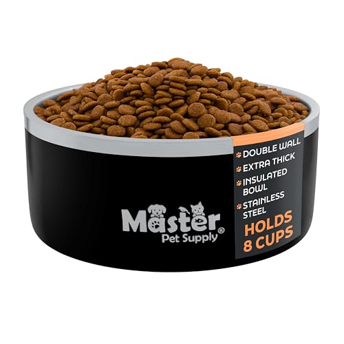 Master Pet Supply Stainless Steel Dog Bowls - 64 oz Heavy Duty - Black Velvet Double Wall Extra-Thick Insulated Non-Slip Pet Water Bowl for Dogs Cats & Pets Anti Rust Metal Dish Washer Safe