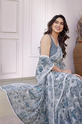 Image of MIRCHI FASHION Saree for Woman Georgette Floral and Leaf Printed | Elegant Farewell and Ceremonial Women's Sari with Blouse Piece