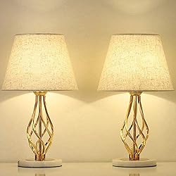 Lamparas Mesilla De Noche Doradas LIANTRAL Juego de 2 lámparas de mesita de noche doradas, lámpara de mesa moderna para dormitorio, sala de estar, regalo ideal con base de mármol y paraguas de lino