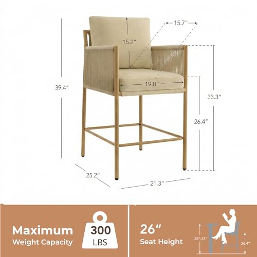 Image of CHITA Boho Rope Counter Height Bar Stools Set of 2, Modern Upholstered Bar Stools with Handwoven Rope Armrests, Metal Frame with Wood-Grain Finish, 26.4 inch Seat Height, Oatmeal