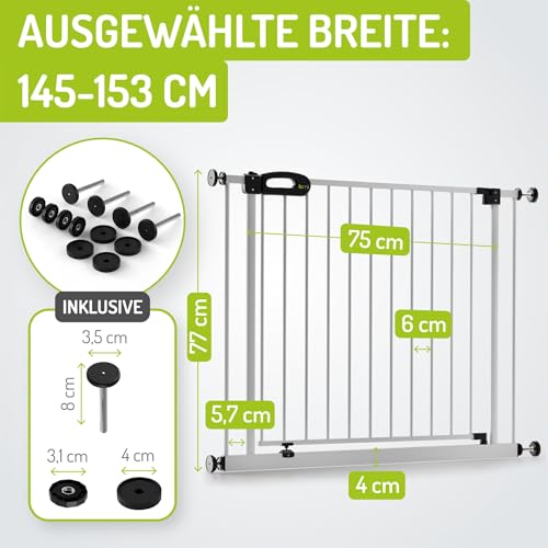 BOMI TÜV GS Siegel Treppengitter für Kinder Merle | Zum Klemmen | 90 Stop | Schließt automatisch | Kinderschutzgitter Weiss öffnet in beide Richtungen | Tür- & Treppenschutzgitter | Breite 145-153 cm