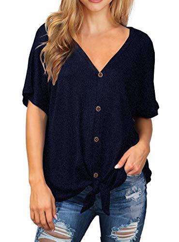 Image of IWOLLENCE Women's Waffle Knit Tunic Blouse Tie Knot Short Sleeve Henley Tops Loose Fitting Bat Wing Shirts