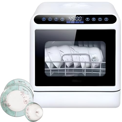 Lavavajillas de Mesa 4 Modos de Lavado, Mini Lavavajillas con Control Táctil, con Tuberías de Entrada y Salida de Agua, Secado de Aire Caliente, Almacenamiento de 72 H, para Lavar Platos y Verduras