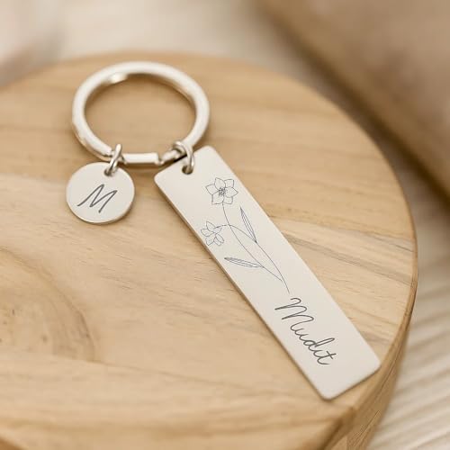 Image of Personalized Stainless‑Steel Birth Flower & Name Keychain - Double‑Sided Engraving