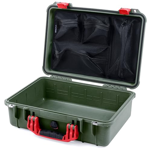 ColorCase Pelican 1500 Case OD Green - Medium Size Waterproof Case with Mesh Lid Organizer Only - Red Handles & Latches
