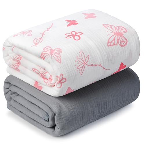 Image of Muslin Swaddle Blankets for Newborn, 2 Pack Breathable Soft Receiving Blanket, Large 41 x 41 inches Swaddle Wrap Burping Clothes, Essentials Infant Shower Items. (Gray & Pink Butterfly)
