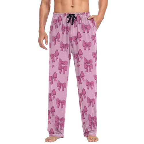 Men’s Cute Pink Bows Pajama Pants with Pockets, Comfortable Lounge Sleep Bottoms#4393