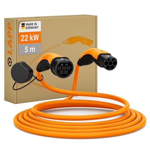 Lapp Mobility Câble de Charge de Voiture Électrique Type 2, 22 KW, 32 A, Auto-rétractable, Triphasé, Mode 3 - Câble de Charge Rapide EV - pour Wallbox et Station de Recharge de Voiture - Orange, 5m