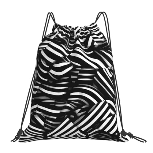 Adjustable Lightweight Black and white lines Print Drawstring Bag – Nylon Gym Sackpack for Sports, Travel, and Everyday Use