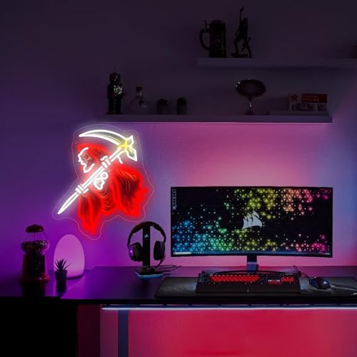 Image of Skull of the Reaper LED Neon Sign USB Powered for Wall Decor, Horror Neon Night Light Sign Dimmable for Room Party Decor Halloween Birthday Gifts