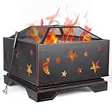 Fire Pit, Outdoor Wood Burning Fire Pit, Square Fire Place with Fire Poker, Metal Firepits for Garden Bonfire, Camping, Picnic, Barbecue