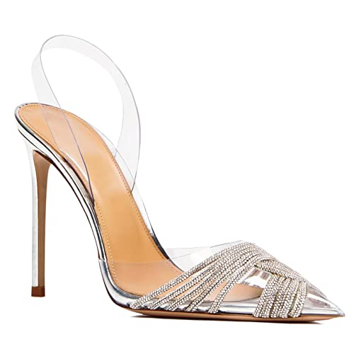 Yolkomo Women's Rhinestone Clear Heels Pointed Toe Stiletto High Heel Sandals