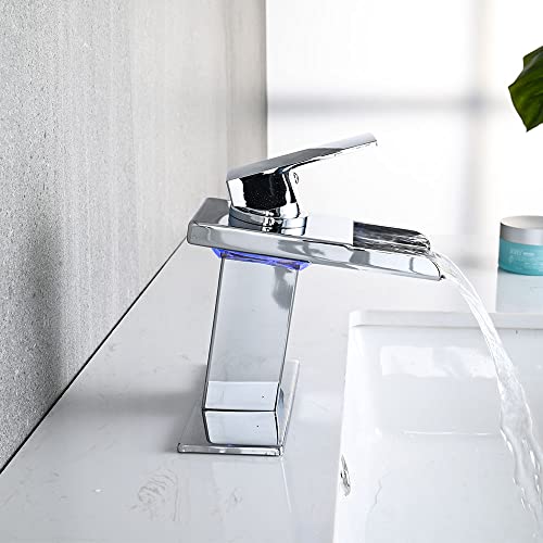 Avsiile Led Bathroom Sink Faucet, Chrome Waterfall Single Hole Handle Rv Bath Vanity Faucets For Sinks 1 Hole With Metal Pop Up Drain And 2 Water Supply Lines, Stainless Steel Spout #TOP5