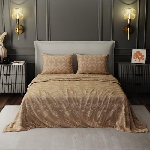 Image of BLISSHOME Everlast 150TC King Size Printed Bedsheet with 2 Pillow Covers for Double Bed, Aesthetic Bedding, Wrinkle Resistant, 100+ Wash Durable, Quick Dry, Ornate Design - Beige (228cm x 274cm)